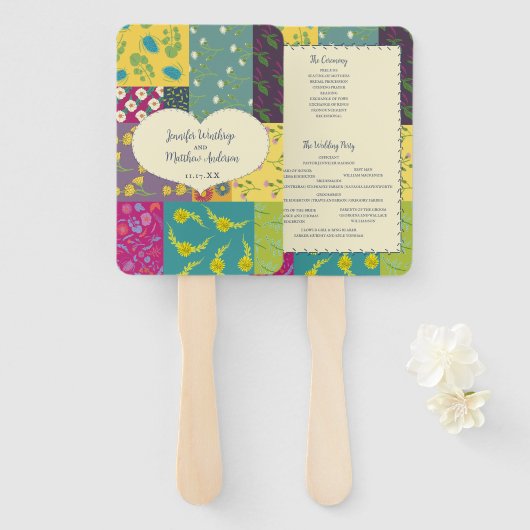 Boho Patchwork Quilt Maximalistisch trouwprogramma Handwaaier (Voorkant en achterkant)