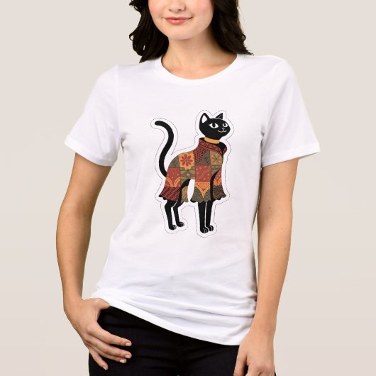 Boho Patchwork Zwarte Kat Grafische T-shirt (Voorkant)