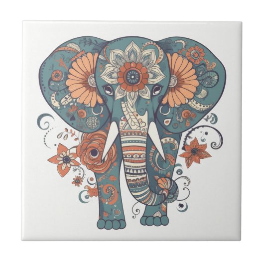 Boho patroon bloemenolifant tegeltje (Voorkant)