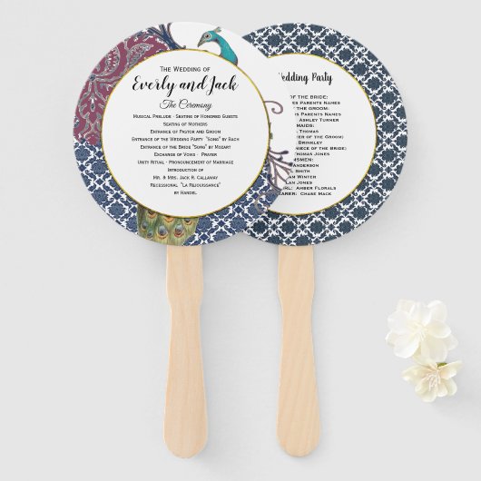 Boho Pauw Grau Teal Goud Trouwprogramma Handwaaier (Voorkant en achterkant)