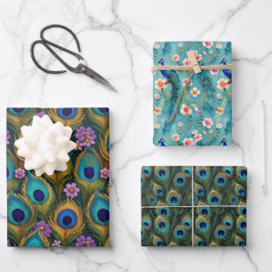 Boho pauwen en levendige pauw veren bloemen inpakpapier vel