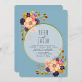 Boho Peach Blue Floral Gold Wedding Invitation Kaart (Voorkant / Achterkant)