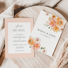 Boho Peach & Blush Floral Wedding Save the Date Kaart