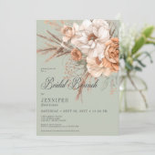 Boho Peach & Cream Bloemen Groene Bruidsbrunch Kaart (Staand voorkant)