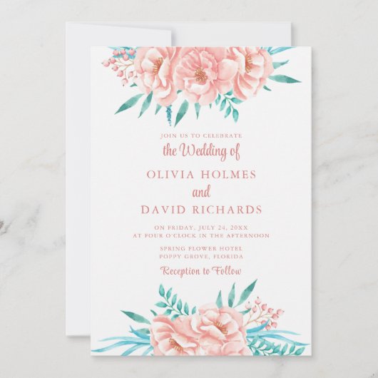 Boho Peach en Tosca Floral bruiloft uitnodiging (Voorkant)