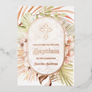 Boho Peach Floral Bouquet Baptism Foil Invitation