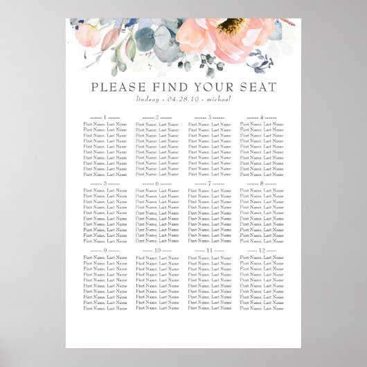 Boho Peach Floral Dusty Blue Wedding Seating Chart Poster (Voorkant)