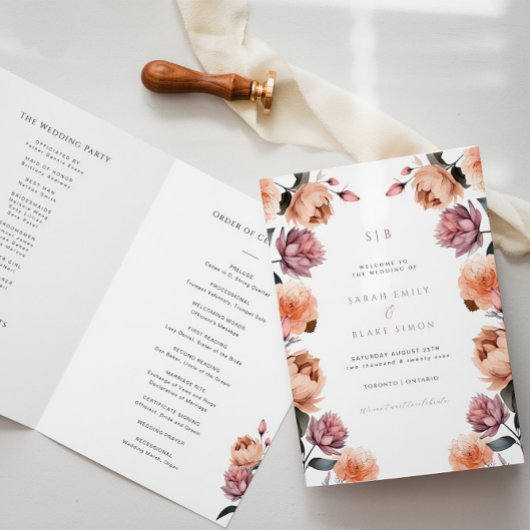 Boho Peach Floral Garden Wedding Programme plié