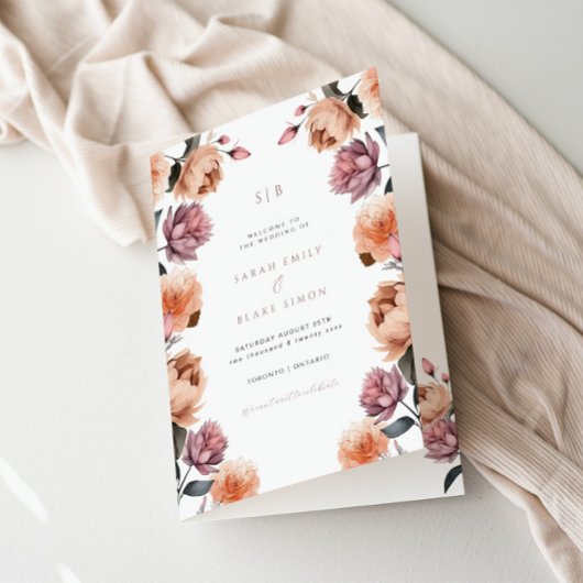 Boho Peach Floral Garden Wedding Programme plié