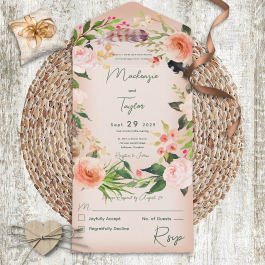 Boho Peach Floral Wreath & Feathers No Dinner All In One Uitnodiging