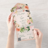 Boho Peach Floral Wreath & Feathers QR-code All In One Uitnodiging (Afscheurbaar)