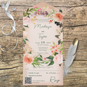 Boho Peach Floral Wreath & Feathers QR-code All In One Uitnodiging
