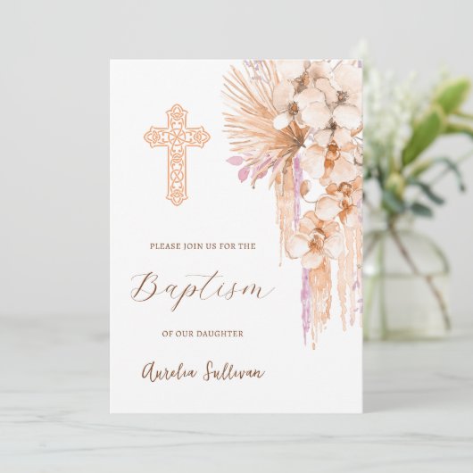 Boho Peach Lilac Baptême Invitation (Debout devant)