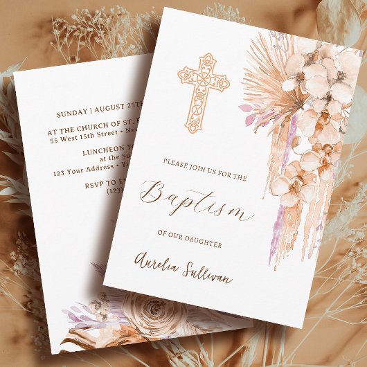 Boho Peach Lilac Baptême Invitation