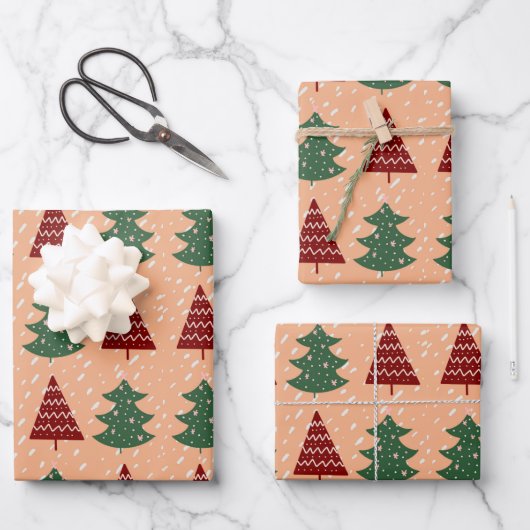 Boho Peach Red Green Kerstbomen Holiday Inpakpapier Vel (Voorkant)