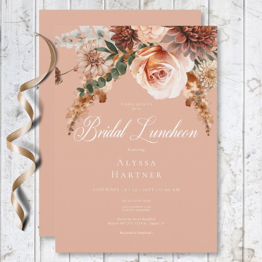 Boho Peach & Rust Bloemen Peach Blush Bruids Lunch Kaart