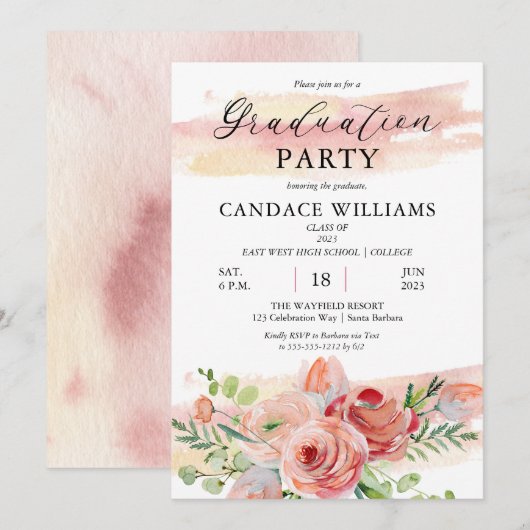 Boho Peach Waterverf Floral Graduation Party Kaart (Voorkant / Achterkant)