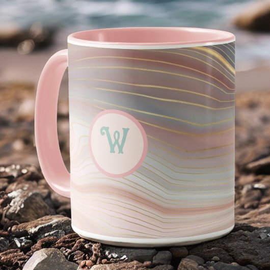Boho Peachy Pink en Aqua Gold Strata met Initiaal Mok