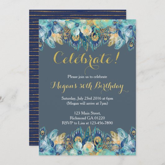 Boho Peacock Feather Gold en Navy Invitation Kaart (Voorkant / Achterkant)