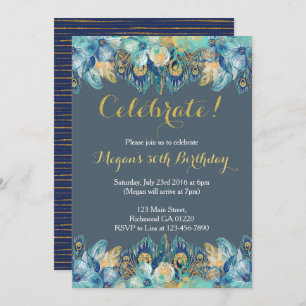 Boho Peacock Feather Gold en Navy Invitation Kaart