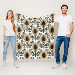 Boho Peacock Feather Jewel Tone-Golden Brown Fleece Deken