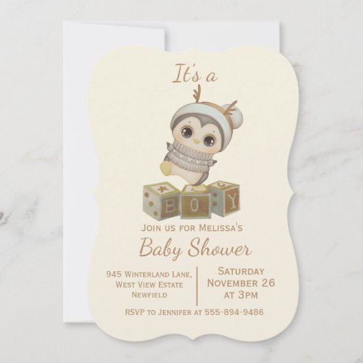 Boho Penguin Boy Baby shower Invitation (Devant)