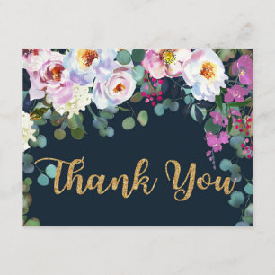 Boho Peonies Navy Floral Modern Dank je Bedankkaart