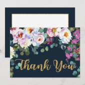 Boho Peonies Navy Gold Floral Modern Dank u Bedankkaart (Voorkant / Achterkant)