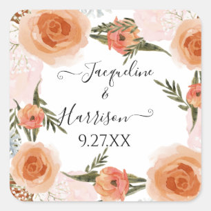 BOHO Perzik Blush Bloemenroest Groen Waterverf Vierkante Sticker