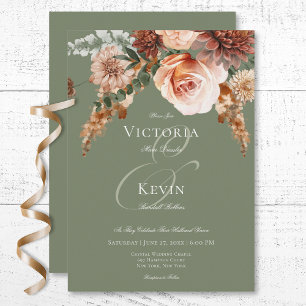 Boho Perzik & Rust Bloemen Salie Groen Bruiloft Kaart