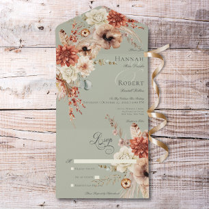 Boho Perzik & Rust Bloemen & Veer Groen Geen diner All In One Uitnodiging