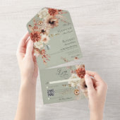 Boho Perzik & Rust Bloemen & Veer Groene QR Code All In One Uitnodiging (Afscheurbaar)