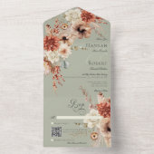 Boho Perzik & Rust Bloemen & Veer Groene QR Code All In One Uitnodiging (Binnen)