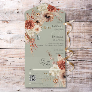 Boho Perzik & Rust Bloemen & Veer Groene QR Code All In One Uitnodiging