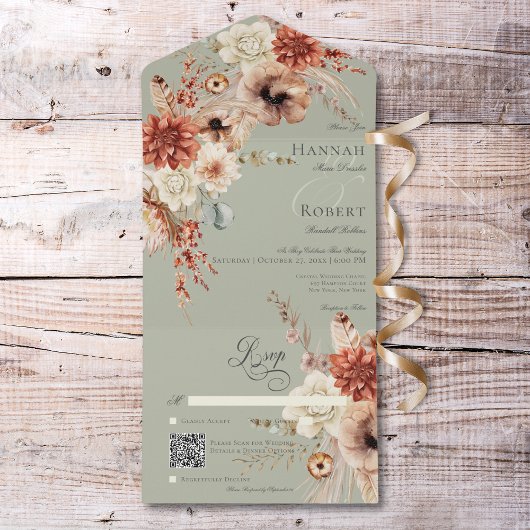 Boho Perzik & Rust Bloemen & Veer Groene QR Code All In One Uitnodiging