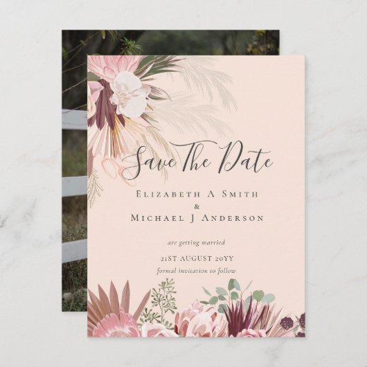 BOHO PHOTO SAVE DATES - Pampas Grass Burgundy (Voorkant / Achterkant)