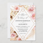 Boho Pink & Beige Floral Gold Wedding Kaart (Voorkant)