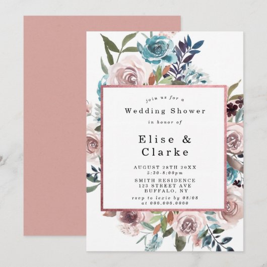 Boho Pink Blauwgroen Peony Wedding Shower-uitnodig (Voorkant / Achterkant)