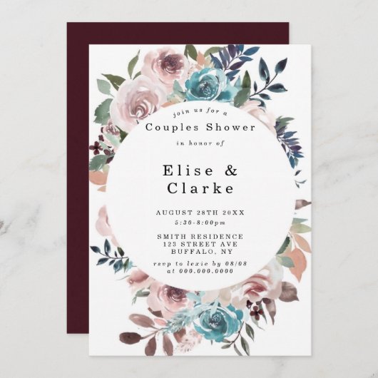 Boho Pink Blauwgroen Plum Peony Couples Shower Inv (Voorkant / Achterkant)