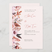 Boho Pink & Brown Flowers & Feathers Cream Wedding Kaart (Voorkant / Achterkant)