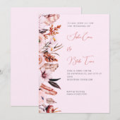 Boho Pink & Bruine Flowers & Feathers Pink Wedding Kaart (Voorkant / Achterkant)