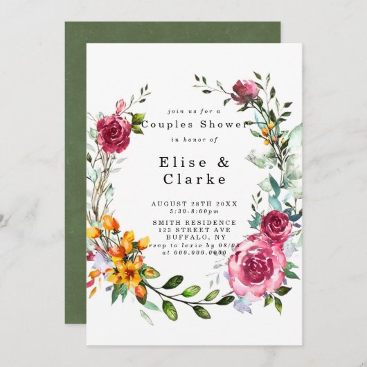 Boho Pink Burgundy Floral Couples Shower Invites (Voorkant / Achterkant)