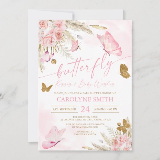 Boho Pink Butterfly Baisers Baby shower Invitation (Devant)