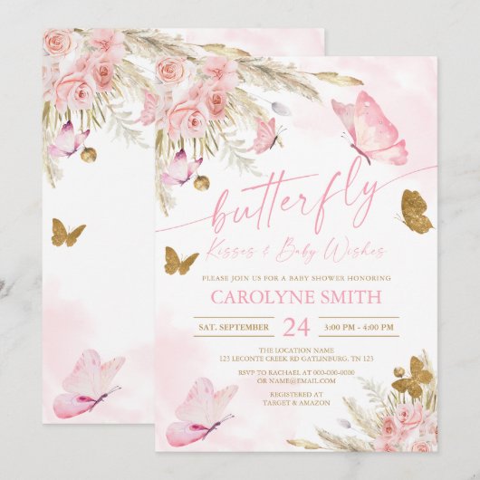 Boho Pink Butterfly Baisers Baby shower Invitation (Devant / Derrière)