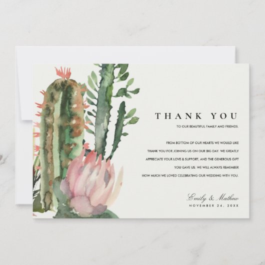 BOHO PINK DESERT CACTUS FLORAL WATERVERF WEDING BEDANKKAART (Voorkant)