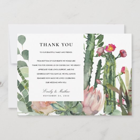 BOHO PINK DESERT CACTUS FLORAL WATERVERF WEDING BEDANKKAART (Voorkant)