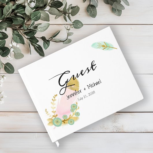 Boho Pink en Gold Feathers Gastenboek