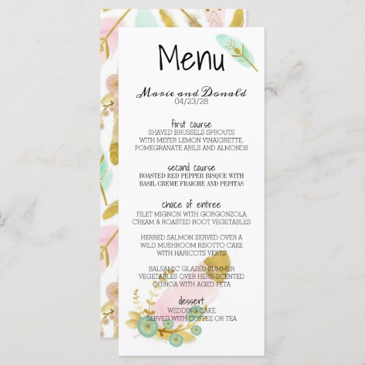 Boho Pink en Gold Feathers Menu (Voorkant / Achterkant)