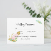 Boho Pink en Gold Feathers RSVP Kaartje (Staand voorkant)