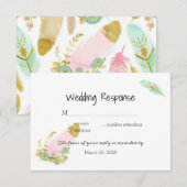 Boho Pink en Gold Feathers RSVP Kaartje (Voorkant / Achterkant)